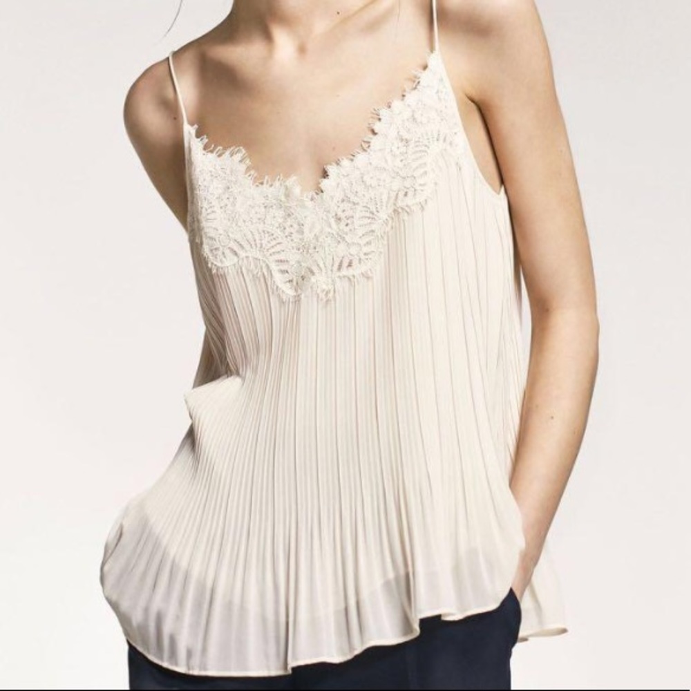 Massimo Dutti White Pleated Lace Tank Camisole